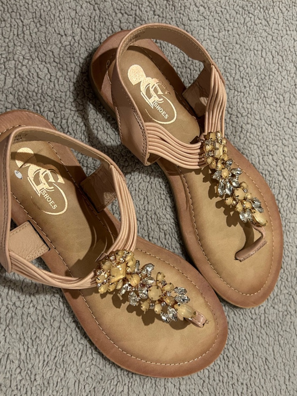 Women's 7 Embellished Nude/Tan T-Strap Sandals